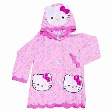 Pink Hello Kitty Pvc Rain Coats With Hood , Kids Rain Wear